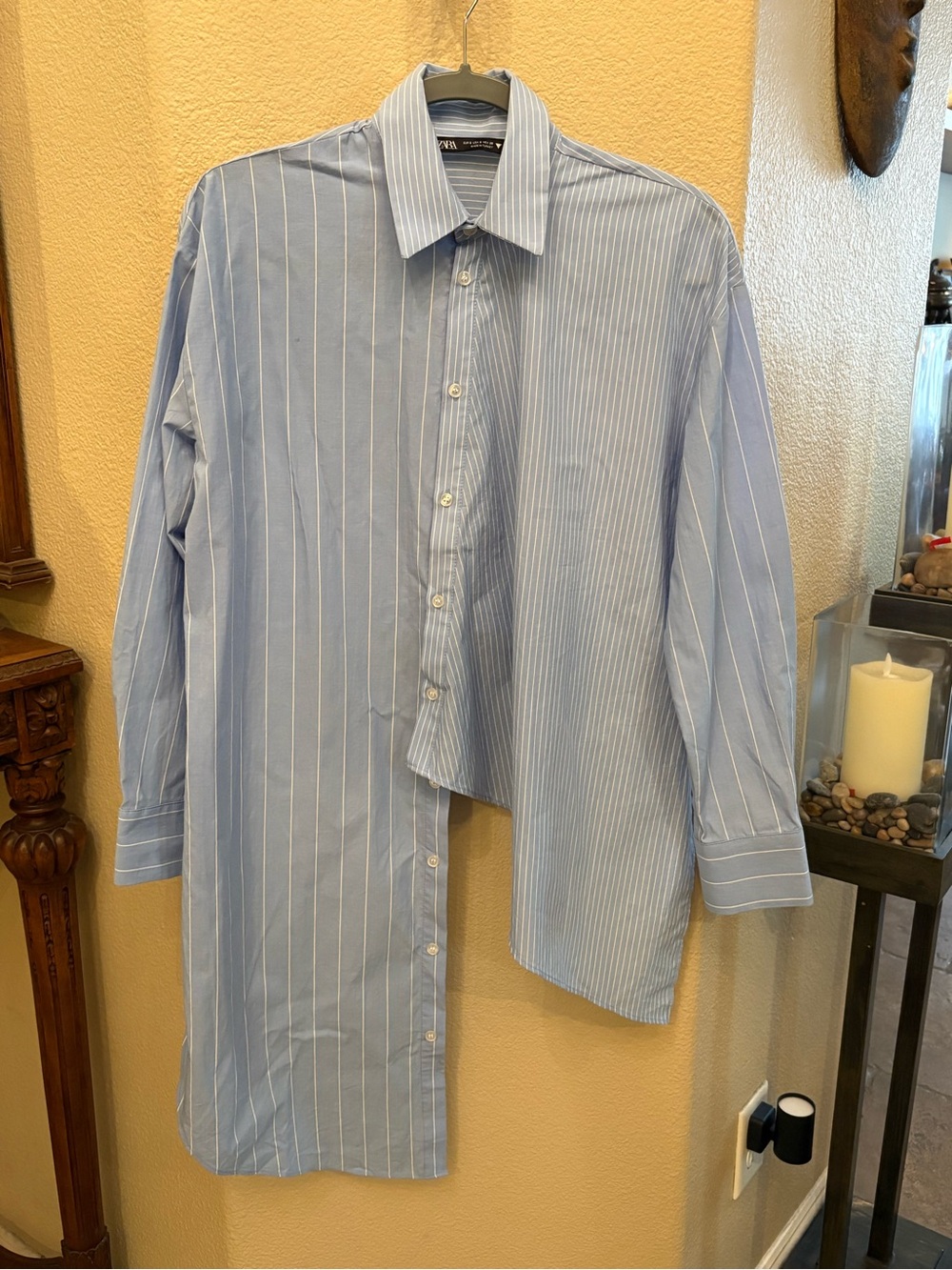 Zara Women Light Blue Striped Asymmetrical Button Artsy Top Size Small